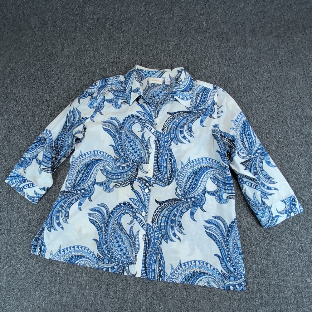Chico's‎ Coastal Paisley Button Down Shirt Women Size 2 Blue White Silk Blend